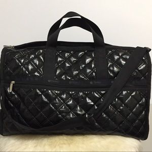 LeSportsac Black Crinkle Quilted Patent Weekender